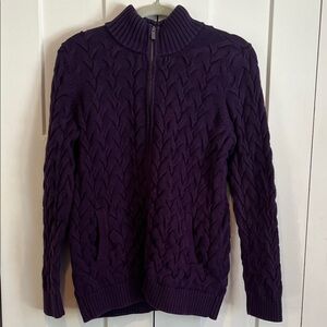 Land’s End Drifter Full Zip Purple Cable knit Sweater Medium 100% cotton